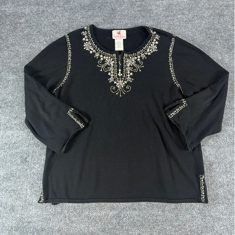 VTG Quacker Factory Blk Embellished Rhinestone Pearl Zip Neck Sweater 1X Plus Sz